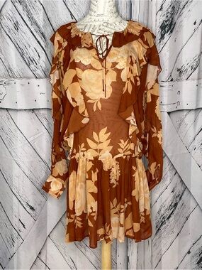 Brown Floral Ruffle Long-Sleeve Mini Dress